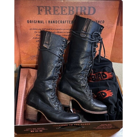 Freebird Grany Lace Up Size 10 Black Tall Boots Distressed Whimsigoth Grunge - Picture 1 of 15